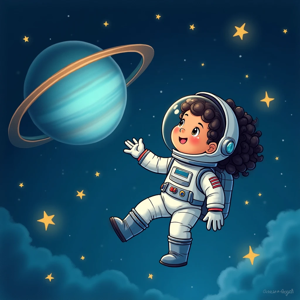 Storybook art of a small astronaut under the stars, from Genesis's gallery